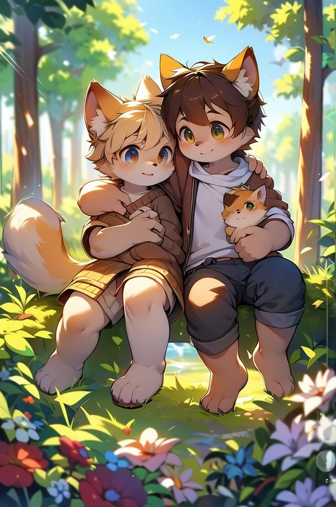 Close view family portrait, A gentle golden retriever mother、She is holding a small cute kitten in her arms and looking at him。, different size, detailed fluffy fur, (by Ruaidri, Michael & Inessa Garmash, Luan Jia, Pino Daeni), Impressionist mixture, Detailed face, (fluffy) (short hair), Hound, Slightly thicker, Sitting, Dog face, I narrowed my eyes., sweater, smile, Lovely, autumn, Invisible Body