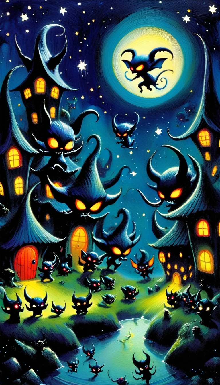 village of small and funny demons, impressive landscape, small and funny demons,, magic, fantastic, night sky, moon, stars, cute, adorable,, background, (demon houses) (many demons have fun, play and dance) (art inspired by Skottie Young and Bill Sienkiewicz). oil painting)