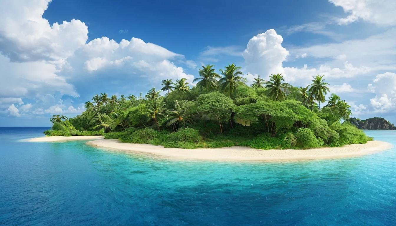 arafed island with palm trees and a sandy beach, tropical island, epic matte painting of an island, island in a blue sea, monsoon on tropical island, tropical location, island with cave, many islands, no humans, tree, cloud, sky, outdoors, scenery, day, palm tree, ocean, water, beach, blue sky, horizon, cloudy sky, nature, sand