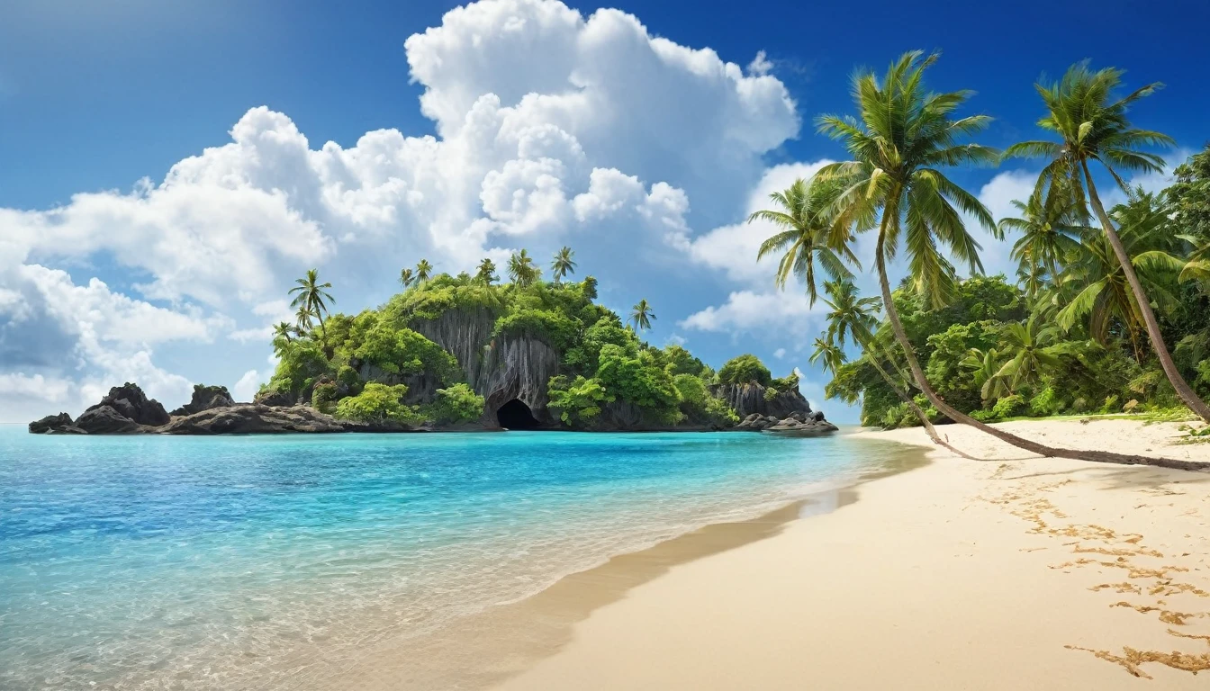 arafed island with palm trees and a sandy beach, tropical island, epic matte painting of an island, island in a blue sea, monsoon on tropical island, tropical location, island with cave, many islands, no humans, tree, cloud, sky, outdoors, scenery, day, palm tree, ocean, water, beach, blue sky, horizon, cloudy sky, nature, sand