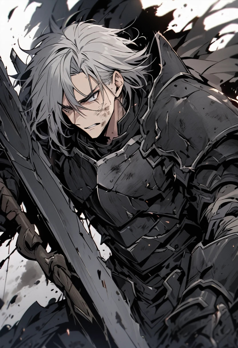Man with long grey hair 28 years old Hold a large sword Black armor is dirty and cracked