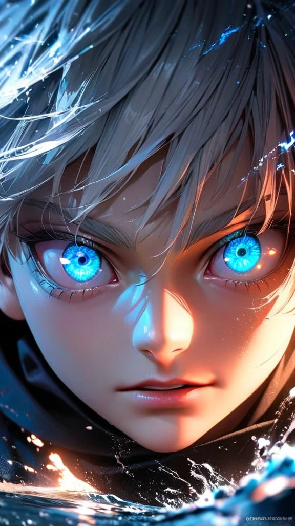  High quality, ultra realistic,absurdres, highres, ultra detailed, HDR, masterpiece, extremely detailed face and eyes,  Gojo satoru , jujutsu kaisen,, white hair ,black shirt , solo, ,man, handsome, ,white eyeleshes, blue eyes , Epic fight scene, blue splashing effect,blue lightning  effect,glowing glitters , close up,cool eyes, symetrical 