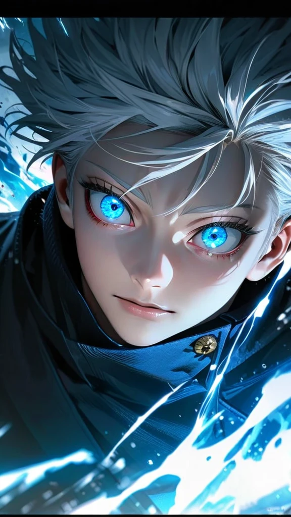 High quality, ultra realistic,absurdres, highres, ultra detailed, HDR, masterpiece, extremely detailed face and eyes, Gojo satoru , jujutsu kaisen,, white hair ,black shirt , solo, ,man, handsome, ,white eyeleshes, blue eyes , Epic fight scene, blue splashing effect,blue lightning effect,glowing glitters , close up,cool eyes, symetrical