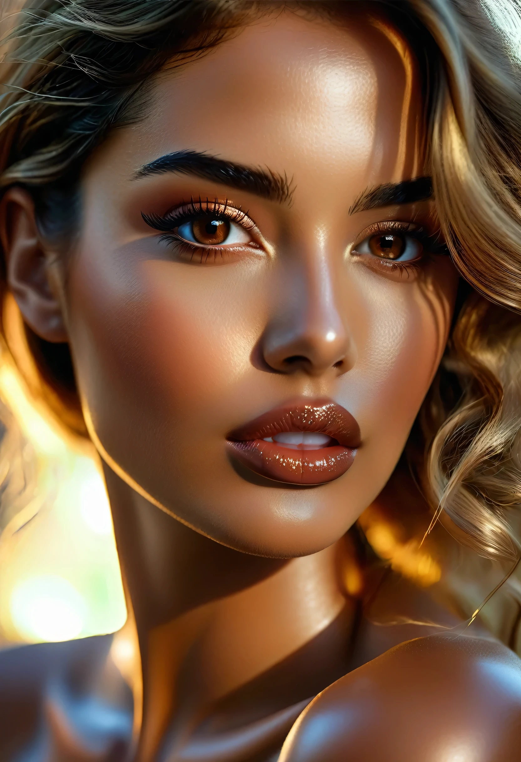 photorealistic Realism 8K, 16K Quality, (ultra absurd quality, extremely detailed detail, hyper resolution, clear sharp focus, not blurry, (Realistic brown_eyes:1.35)), ((perfect dark_eyeshadows:1.45)), (super Detailed, beautiful little nose:1.2), (perfect composition), Depth of field, cinematic light, Lens flare, (extremely beautiful face, beautiful lips , Beautiful eyes), Intricate detail face, best high quality real texture skin:1.3, A woman with velvety skin:1.33), ((best high quality real texture hair)), (short blonde hair, (wavy, combed up, behind the ear), extremely detailed:1.38)), photo of the most beautiful artwork in the world, professional majestic (photography by Steve McCurry), 8k uhd, dslr, soft lighting, high quality, Fujifilm XT3 sharp focus, f 5.6, dramatic, (Anatomically correct perfect proportions), ((perfect hands:1.2)), (Super beautiful face: 1.33), ((perfect female body:1.4)), cute girl, ((firm and full breasts)), (the most absurd quality perfect eyes:1.35), ((super beautiful cute sharp-face)), (light pale complexion), transparent color pvc (Super Shiny Transparent Fluorescent Hologram Colorful PVC Soft Full Bodysuit:1.3) , Ultra-tight fit bodysuit with super reflective surfaces, ((Upper body to knee shot:1.25)),
