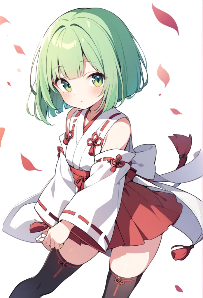 1 girl, cute, young, green hair, bob haircut, green eyes, miko, thigh high,
