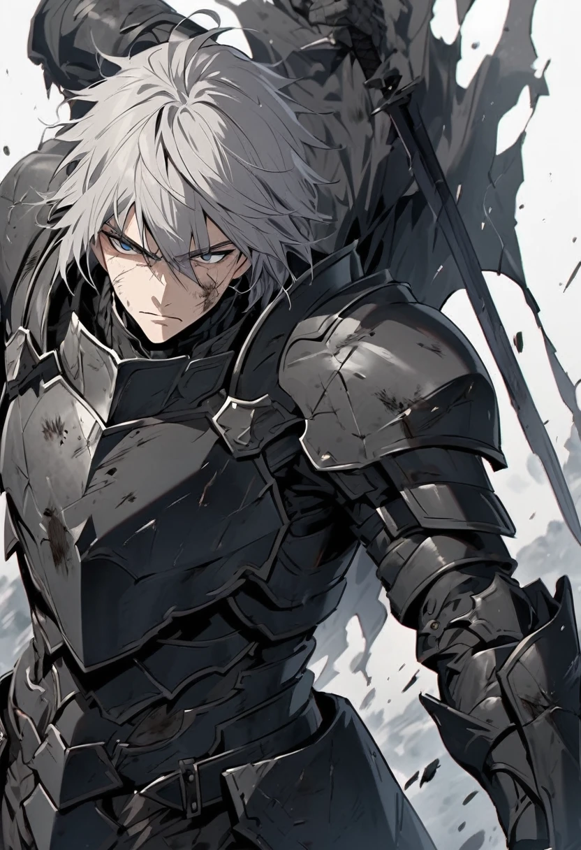 Man with long grey hair 28 years old Hold the sword Black armor is dirty and cracked