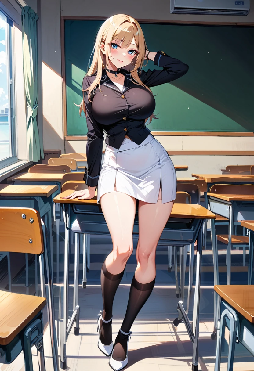 At school, classroom, high school student, , beautiful, medium breasts, wide hips, small waist, shapely legs, perfect thighs, would be, blushing, angry, , mini skirt with plaid, blouse, thigh high stockings, stockings held up by garters, sitting, chair, crossing her legs, blouse unbuttoned completely open revealing the bra, holding the skirt with her hands lifting it above her thighs,