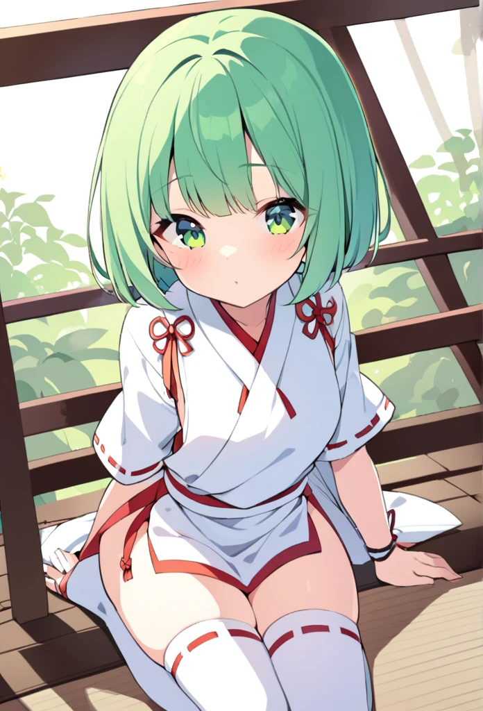 1 girl, cute, young, green hair, bob haircut, green eyes, miko, thigh high,