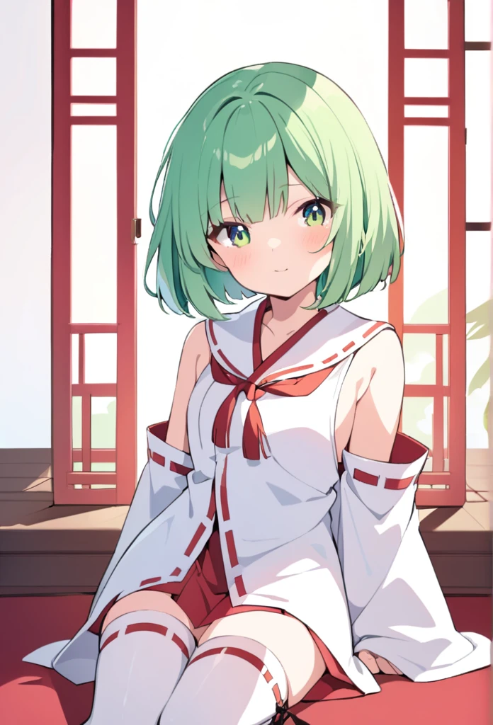 1 girl, cute, young, green hair, bob haircut, green eyes, miko, thigh high,