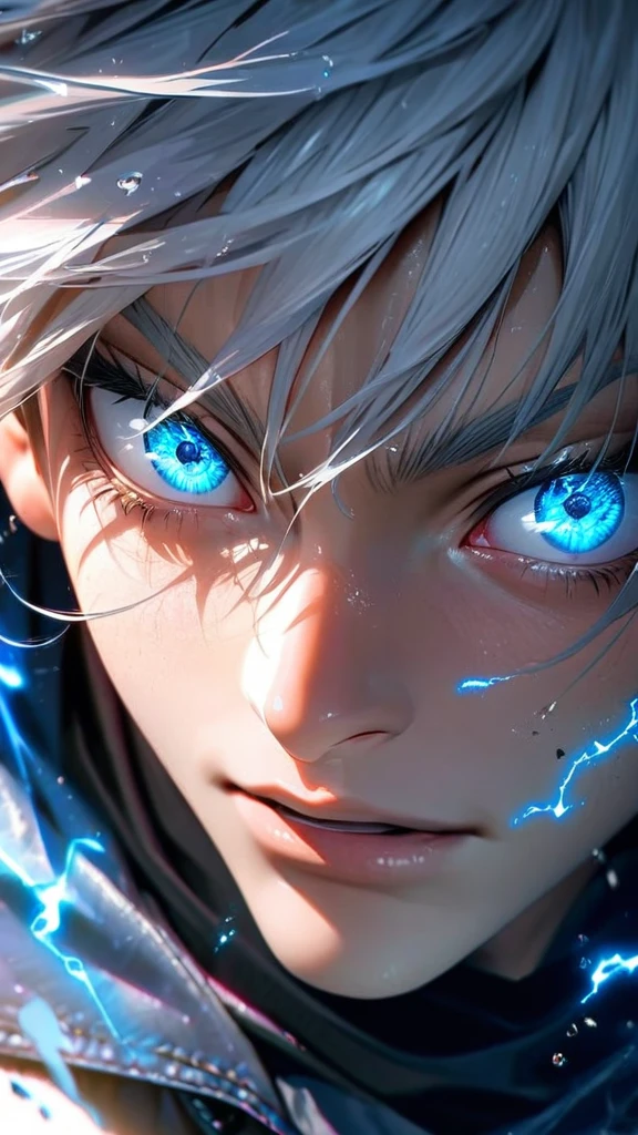  High quality, ultra realistic,absurdres, highres, ultra detailed, HDR, masterpiece, extremely detailed face and eyes,  Gojo satoru , jujutsu kaisen,, white hair ,black shirt , solo, ,man, handsome, ,white eyeleshes, blue eyes , Epic fight scene, blue splashing effect,blue lightning  effect,glowing glitters , close up,cool eyes, symetrical 