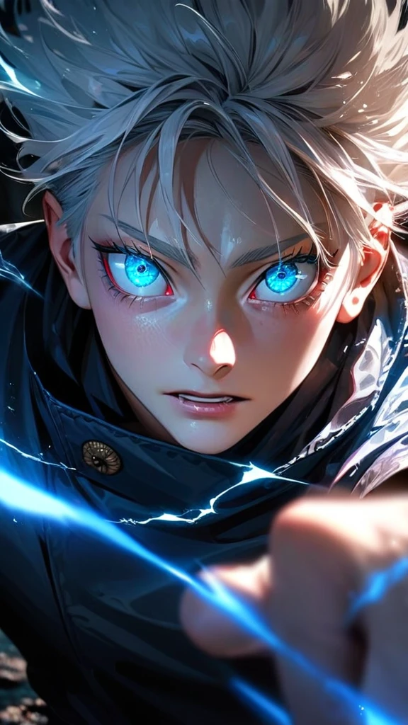  High quality, ultra realistic,absurdres, highres, ultra detailed, HDR, masterpiece, extremely detailed face and eyes,  Gojo satoru , jujutsu kaisen,, white hair ,black shirt , solo, ,man, handsome, ,white eyeleshes, blue eyes , Epic fight scene, blue splashing effect,blue lightning  effect,glowing glitters , close up,cool eyes, symetrical 