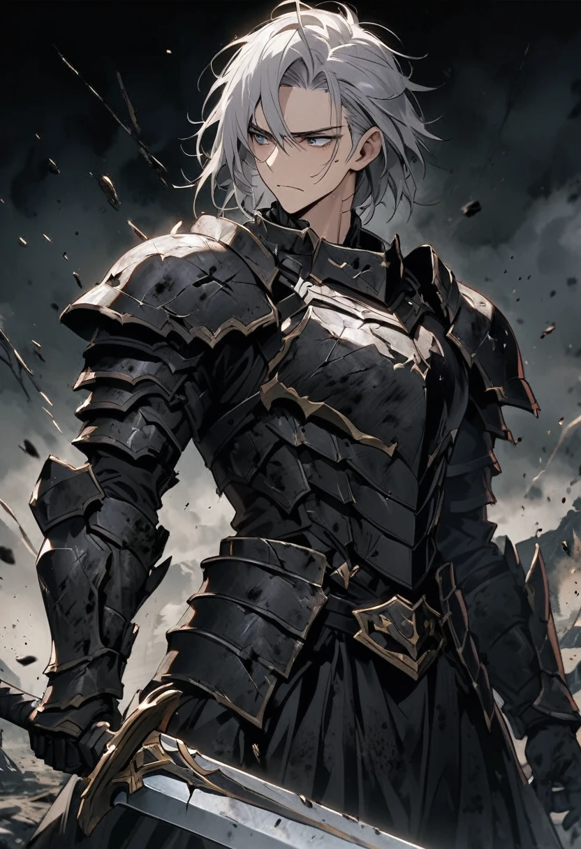 Man with long grey hair 28 years old Hold a large sword Black armor is dirty and cracked
