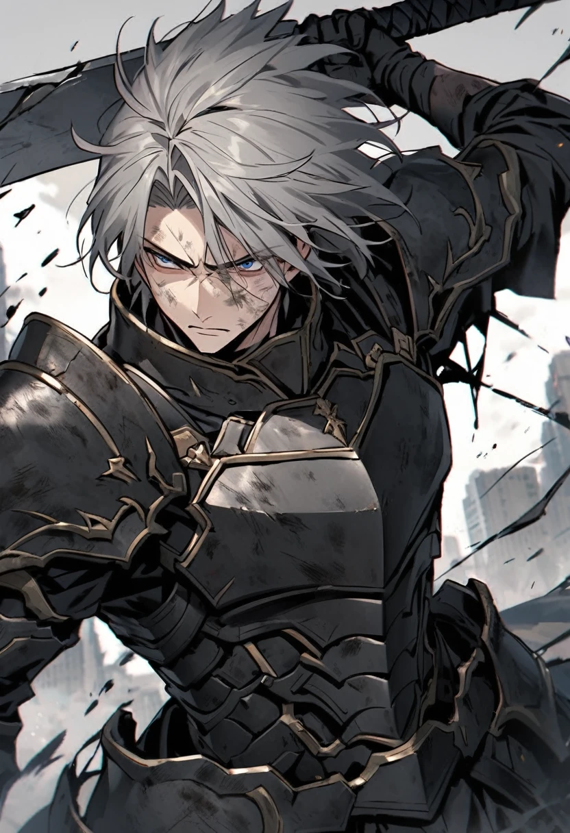 Man with long grey hair 28 years old Hold a large sword Black armor is dirty and cracked
