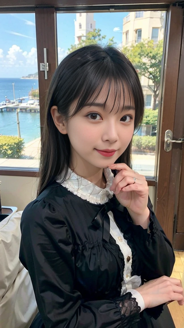 1 Nogizaka Musume、very cute、beautiful girl、19 years old、(gothic fashion)、beautiful face, Exquisite details of eyes and skin、fine black shiny hair、Classy ruffles、frilled tie、ribbon tie、rose hair accessories、(smile at the camera)、(cowboy shot)、(sea of europe)、professional lighting、break、(realistic、Photoreal:1.37)、8K、(masterpiece)、(highest quality:1.4)、(Super high resolution:1.2)、 (Raw photo:1.2)、(delicate lace、soft fabric、beautiful rose pattern dress)、perfect ???????、4 fingers and 1 thumb、seaside background、(Wallpaper by Unity 8K)