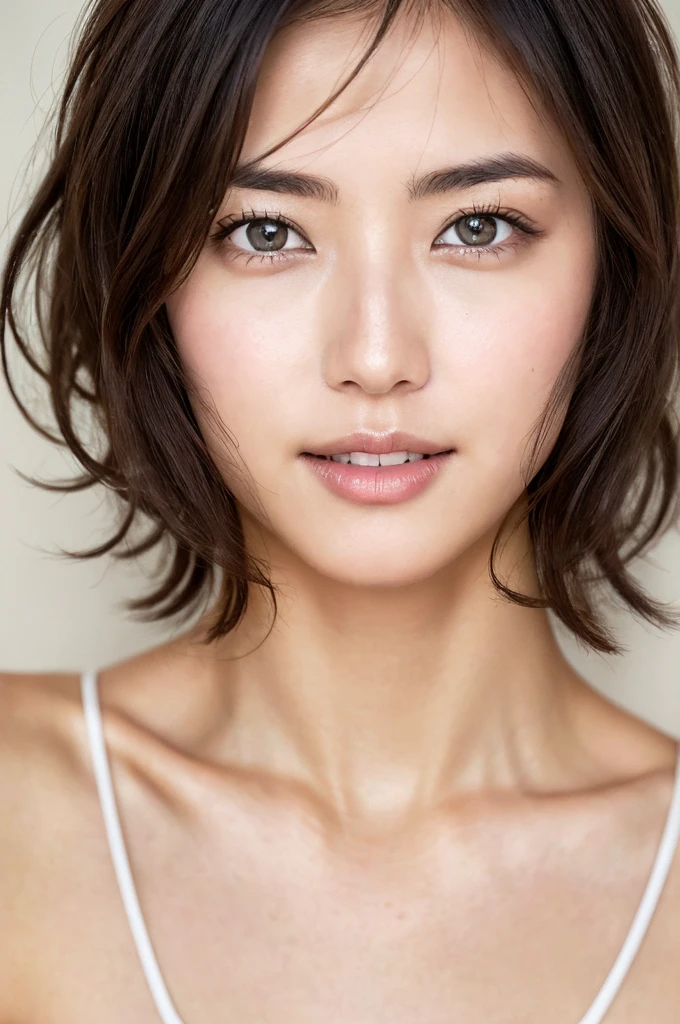 You are a professional gravure photographer.。future、Beautiful Eyes、 ((Highest quality)), Clear contours, Woman with beautiful face, (((One Girl,alone))), ((Beautiful Eyes)), Sex Appeal,Albedo and Specular Maps、Accurate simulation of lightweight material interactions、Very Short Hair、smile、Bold Pose、Terminator 3