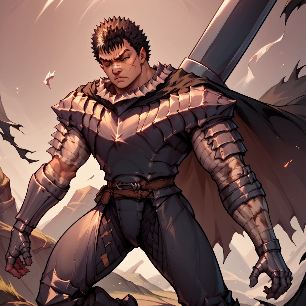 kenpuu_denki style, old school, 1man, solo, guts \(berserk\), angry, sword on back, Guts_Armor, brown eyes, short hair, spiked hair, (black armor:1.1), full_armor, shoulder armor, gauntlets, pauldrons, greaves, bandaged arm, black cape, torn cape, scar on nose, one eye closed, muscular male, huge weapon, medieval