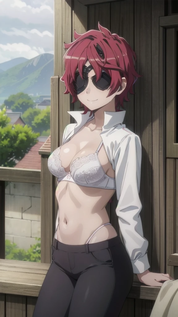 alone, One girl, View your viewers, 2D, anime, anime coloring, hephaestus, Eye patch, white lace bra,black pants , smile,forge,blacksmith’s shop,