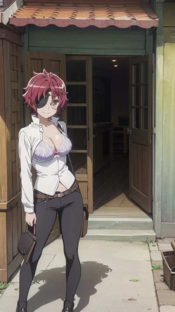 alone, One girl, View your viewers, 2D, anime, anime coloring, hephaestus, Eye patch, white lace bra,black pants , smile,forge,blacksmith’s shop,