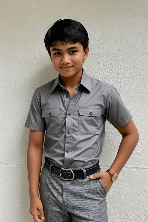 a masculine, 14 year old malay malaysian boy named Arman with a black side part dressed in a grey batik patterned cotton short sleeve collared shirt and a pair of grey cotton pants with a black belt from the 1970’s Malaysia