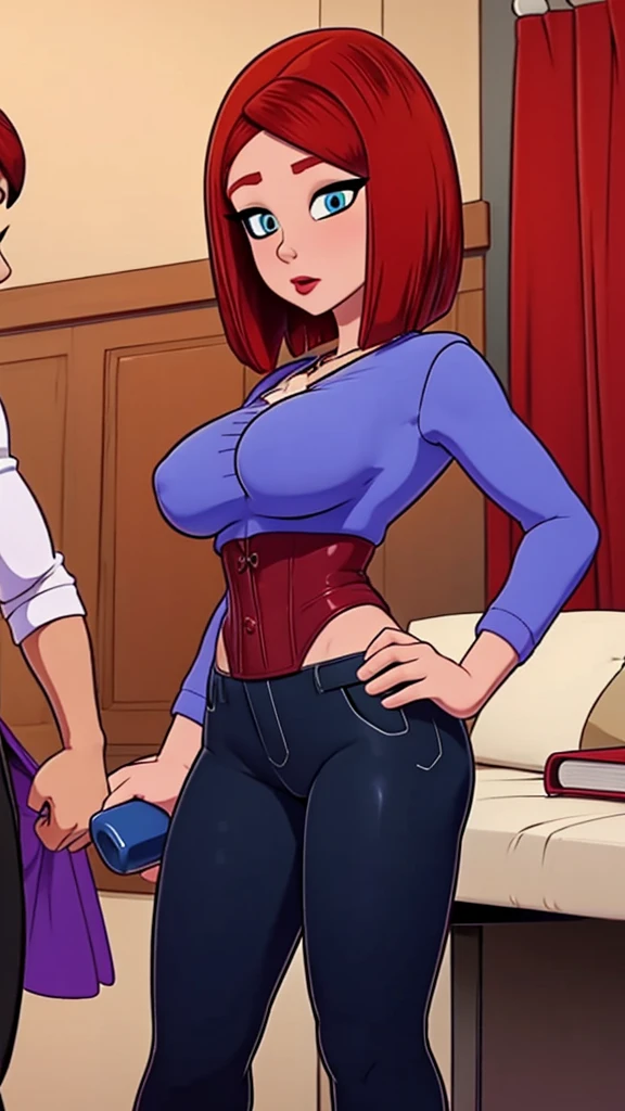 A sexy girl big breast short red hair round her blue eye wears purple corset and tight black pants big thigh
