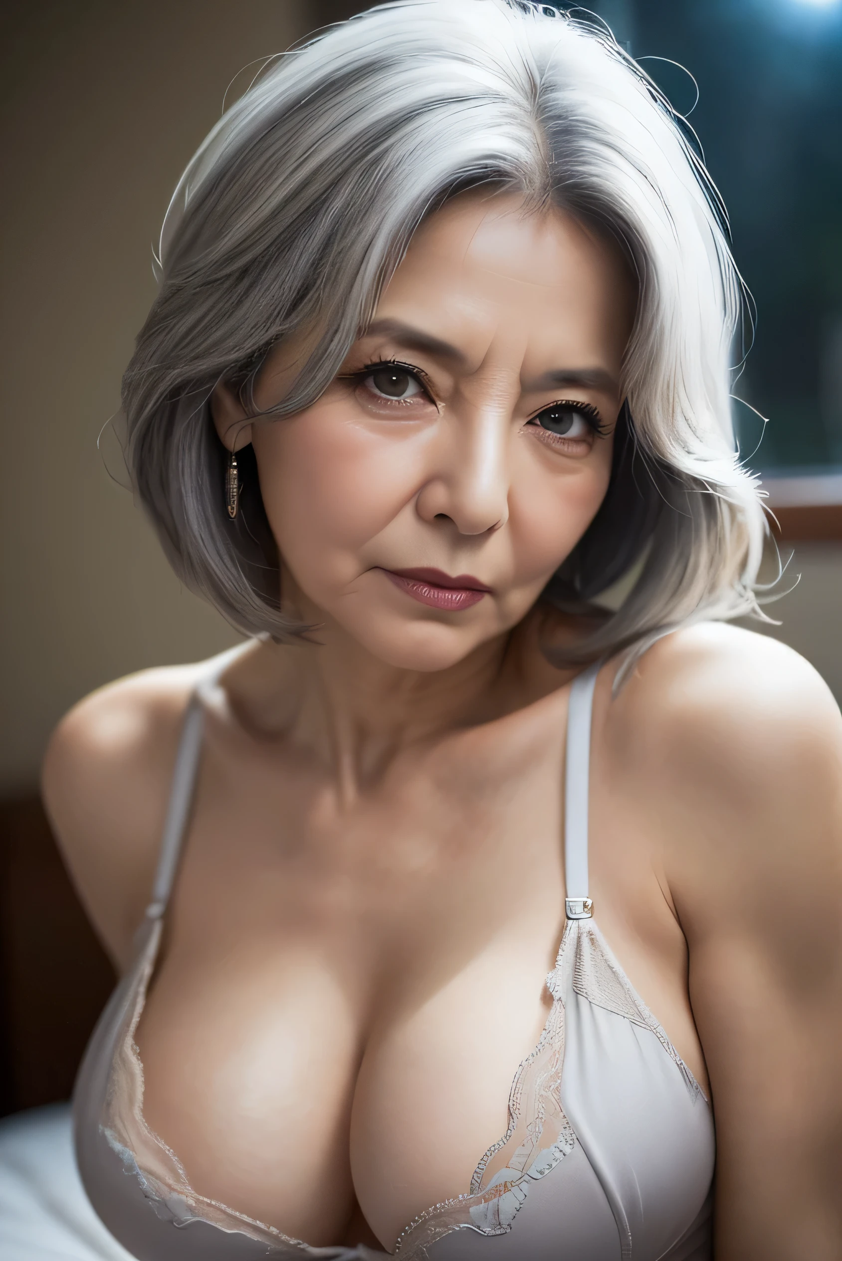65 years old,(Mature Woman:1.2), Captivating Gaze,(((Long, old, gray hair))),Brown eyes, (She has many wrinkles on her face:1.4), (Her chest has many wrinkles..4),old woman, Fine wrinkles (8k, High resolution,super high quality, Ultra HD,Ultra-realistic,Highest quality,Masseter muscle area:1.2)(Large breasts,Big cleavage:1.1) ,(old woman in Japan) ,Sexy Lingerie,Eyes visible through hair, Proper eye position,Cinematic Light,Soft Light,Waist,at night,Soft moonlight,detailed color graded background,Complex, Very detailed,8k,Overall silhouette,bedroom,Look down