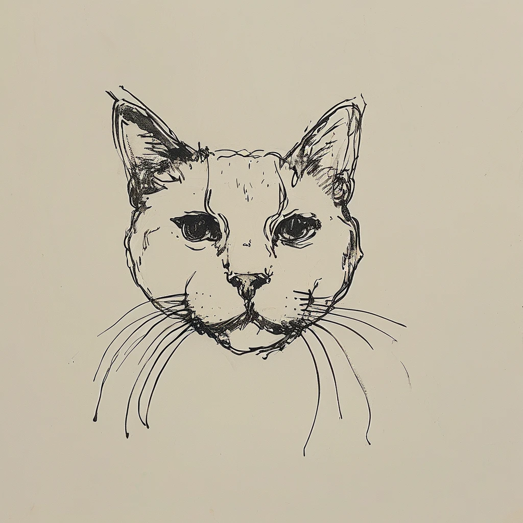 black and white drawing of a cat's face