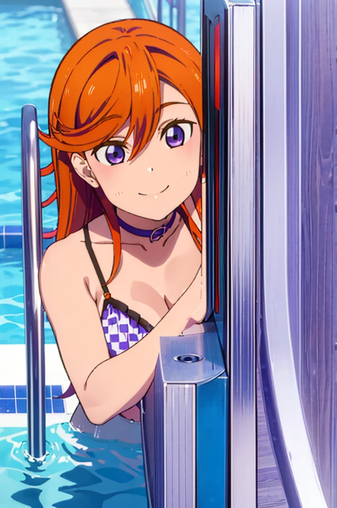 (((pixel-perfect, detail-perfect))), solo, 1girl, kanon shibuya, eyes violet, hair orange, smile, pool, bikini, medium filesize, ultra High Qality