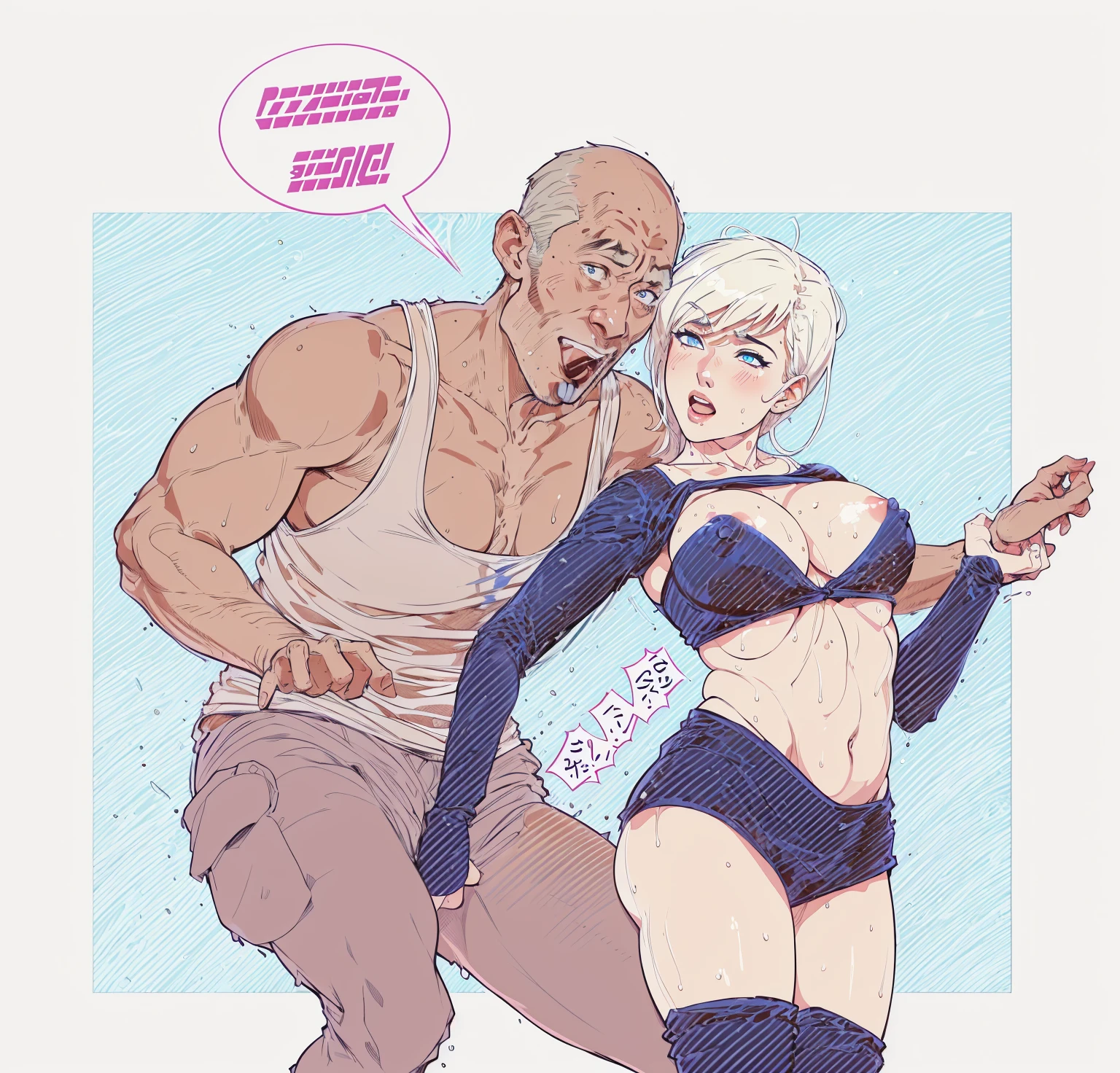 1 man 1 girl ;Sexy Manga comic sensual brunette girl blue eyes wet white t-shirt v-neckline, schoolar mini skirt and high heels boots she is squeezing a man in his groin big Dick, big balls burst(nsfw)(bigboob)(highly detailed) (concept art) (manga) (anime) (draw) (face anime detailed) (comics)(ballbusting)(wet t-shirt) (wet girl) (nipples)