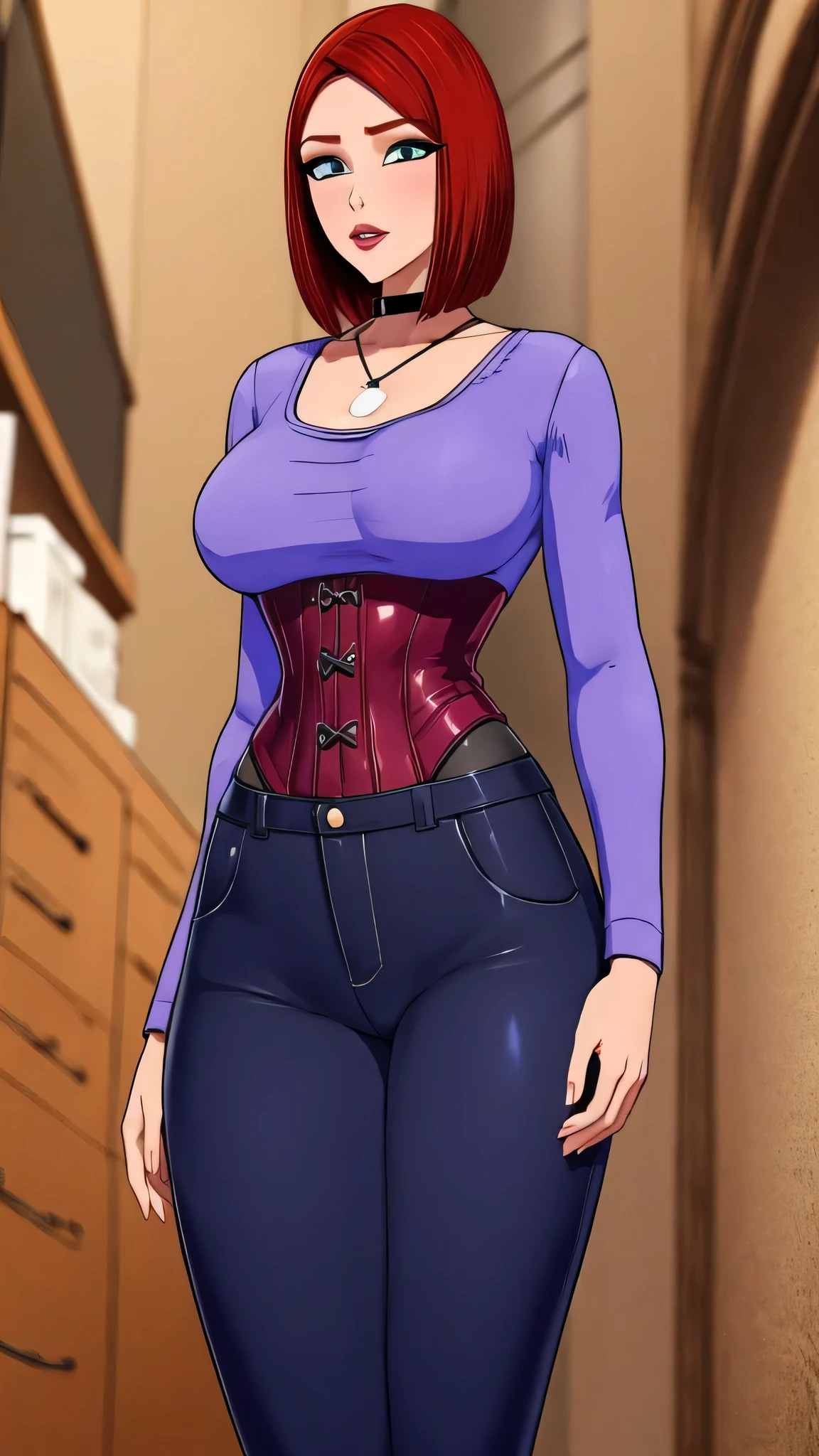 A sexy girl big breast short red hair round her blue eye wears purple corset and tight black pants big thigh