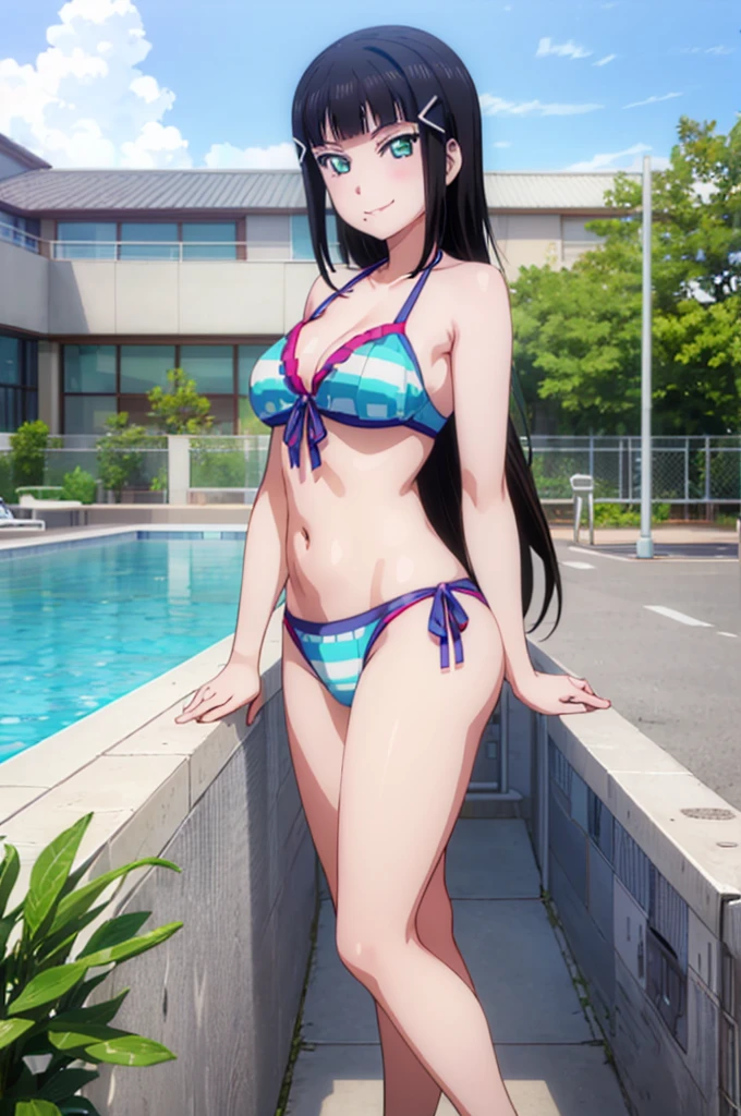 (((pixel-perfect, detail-perfect))), solo, 1girl, dia kurosawa, smile, pool, bikini, medium filesize, ultra High Qality