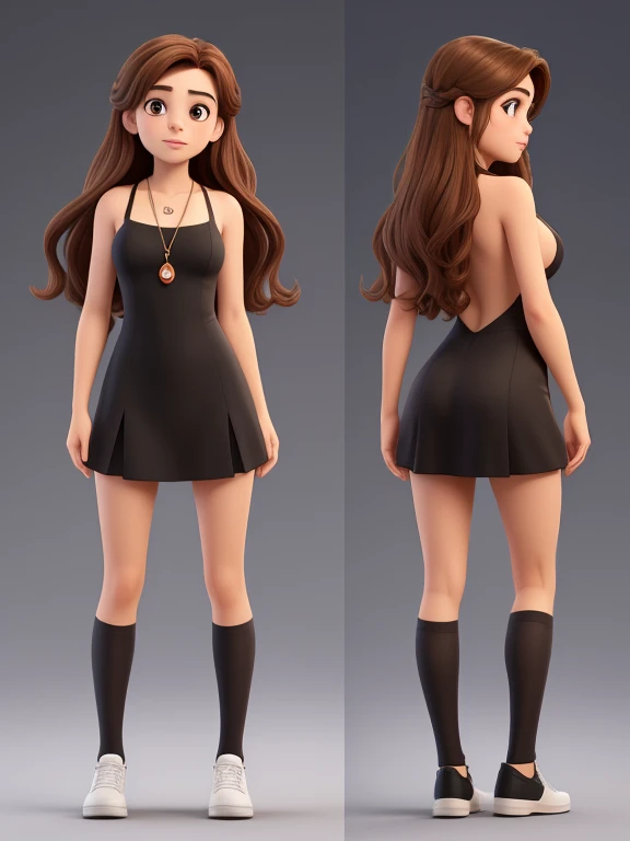 18-year-old female, (multiple views, split view:1.2),, (Full body from the front: 1.5), (Full body from the back: 1.1), Long brown hair, Round face, Cute Smile, And black eyes, With a virgin necklace , take notes