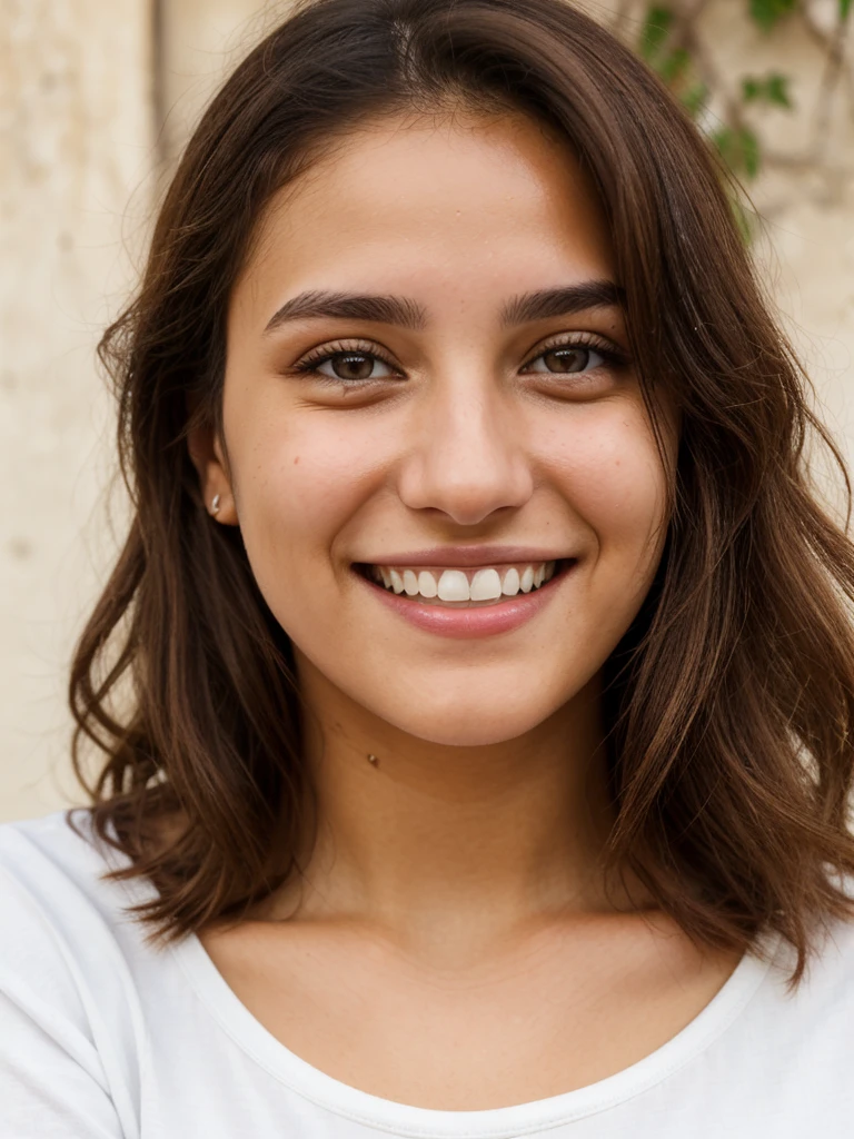 20YO, one women, cute smile, white teethes, white Jordanian, long burnt orange shirt, light brown eyes, small nose