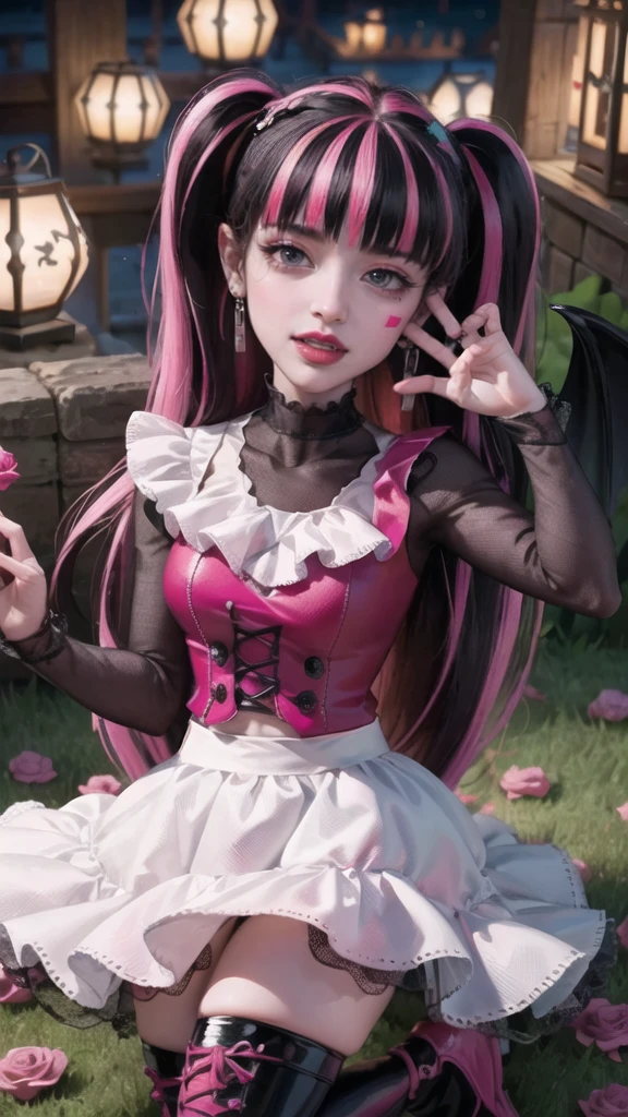 1girl, vampire girl, vampire fangs, succubus, centered, award winning upper body portrait, cowboy shot, (looking at viewer:1.2), Draculaura_MH, solo, black half hair, pink half hair, multicolored hair, long hair, white skirt, pink knee boots, smiling, garden scenery, japanese lanterns, dark red roses, depth of field, cinematic composition, ((high quality)), ((Work of art)), (more detail), half black hair, half soft pink hair, wave hair, pink heart in the eyes, smile, vampire fangs, maid dress, black maid headdress, black maid apron, bat wings, pink skirt, black dress with transparency, pink laces, black gloves, black high socks, high hills boots, bat jewelry, jewelry, seat on the grass, dark red roses on focus, Draculaura_(monster high), Monster High, looking at the viewer, more details on the clothes,