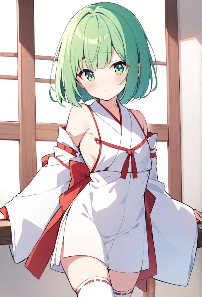 1 girl, cute, young, green hair, bob haircut, green eyes, miko, thigh high,