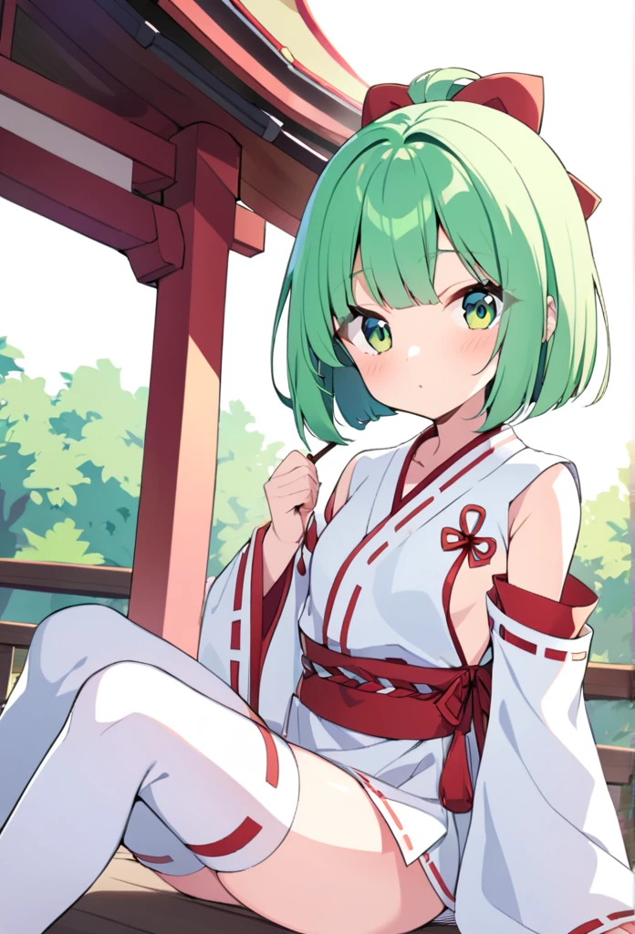 1 girl, cute, young, green hair, bob haircut, green eyes, miko, thigh high,