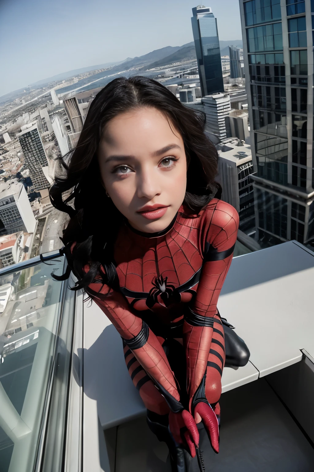 Foto de una esbelta mujer skswoman Spiderwoman encaramada en lo alto de un edificio, visto desde arriba, con un fondo intrincado. mirando al espectador
