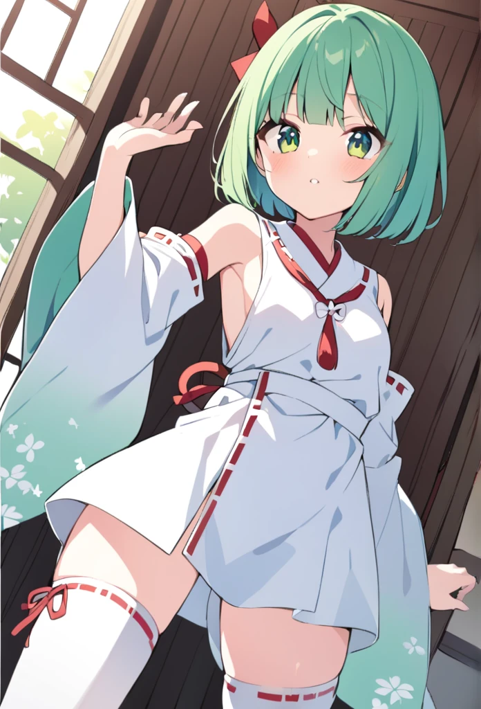 1 girl, cute, young, green hair, bob haircut, green eyes, miko clothes, black tights, excessive cum, bukkake,