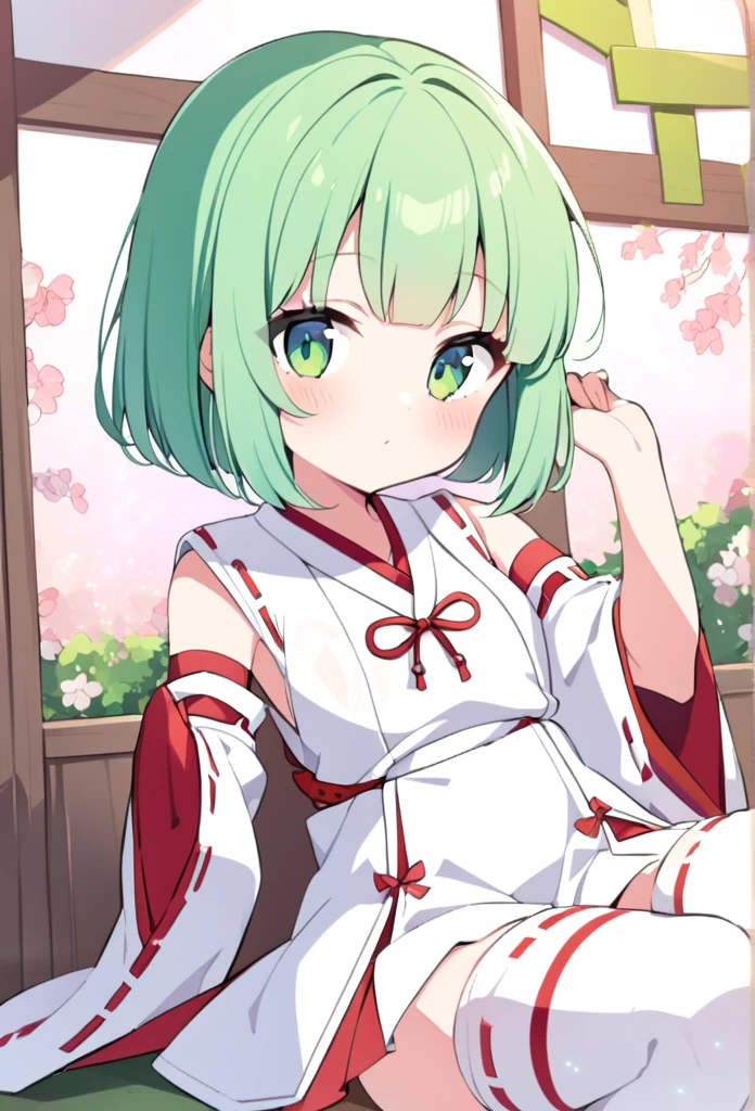 1 girl, cute, young, green hair, bob haircut, green eyes, miko clothes, black tights, excessive cum, bukkake,