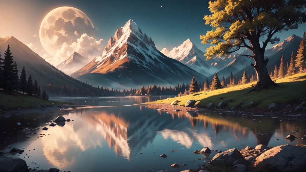 painting of a mountain landscape with a stream and a full moon, beautiful anime scenery, scenery artwork, anime countryside landscape, anime landscape wallpaper, anime beautiful peace scene, anime scenery, beautiful anime scene, detailed scenery —width 672, anime nature, ross tran. scenic background, anime landscape, anime nature wallpaper, lovely valley, a beautiful landscape