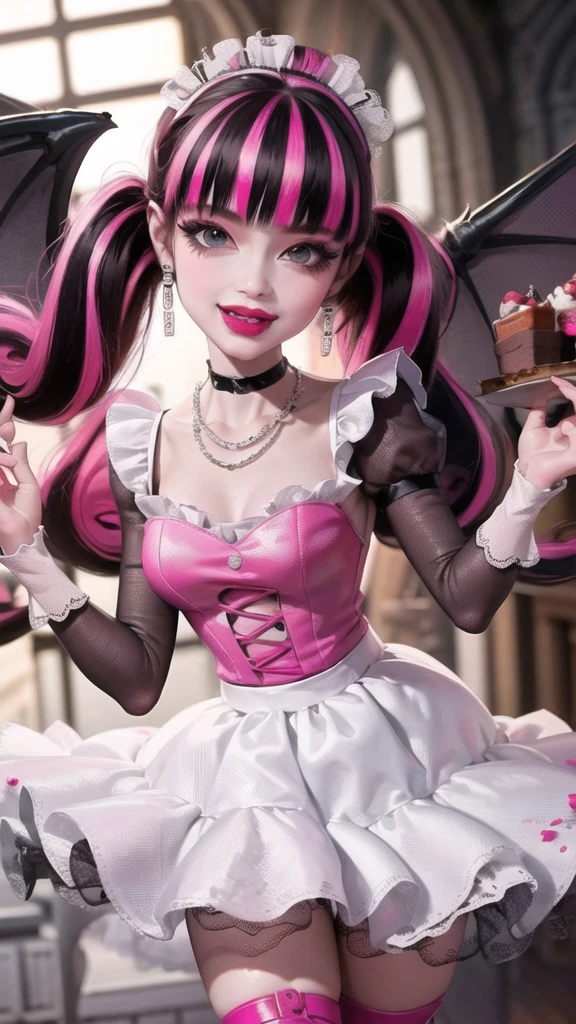 1 girl, a girl with bat wings on her back, perfectly hands, perfectly body, black choker, bat necklace, necklace, centered, bat jewelry, award winning upper body portrait, cowboy shot, (looking at viewer:1.2), Draculaura_MH, solo, black half hair, pink half hair, multicolored hair, long hair, ornament hair, choker, maid dress, maid clothes, maid headdress , maid apron, white apron, pink shirt, white dress, pink knee boots, smiling, kitchen scenery, cake on focus, kitchen, stand up close to window, depth of field, cinematic composition, ((high quality)), ((Work of art)), (more detail), half black hair, half soft pink hair, wave hair, smile, vampire fangs, bat wings, white dress, black dress with transparency, pink laces, black gloves, black high socks, high hills boots, bat jewelry, jewelry, seat on the grass, dark red roses on focus, Draculaura_(monster high), Monster High, looking at the viewer, more details on the clothes,