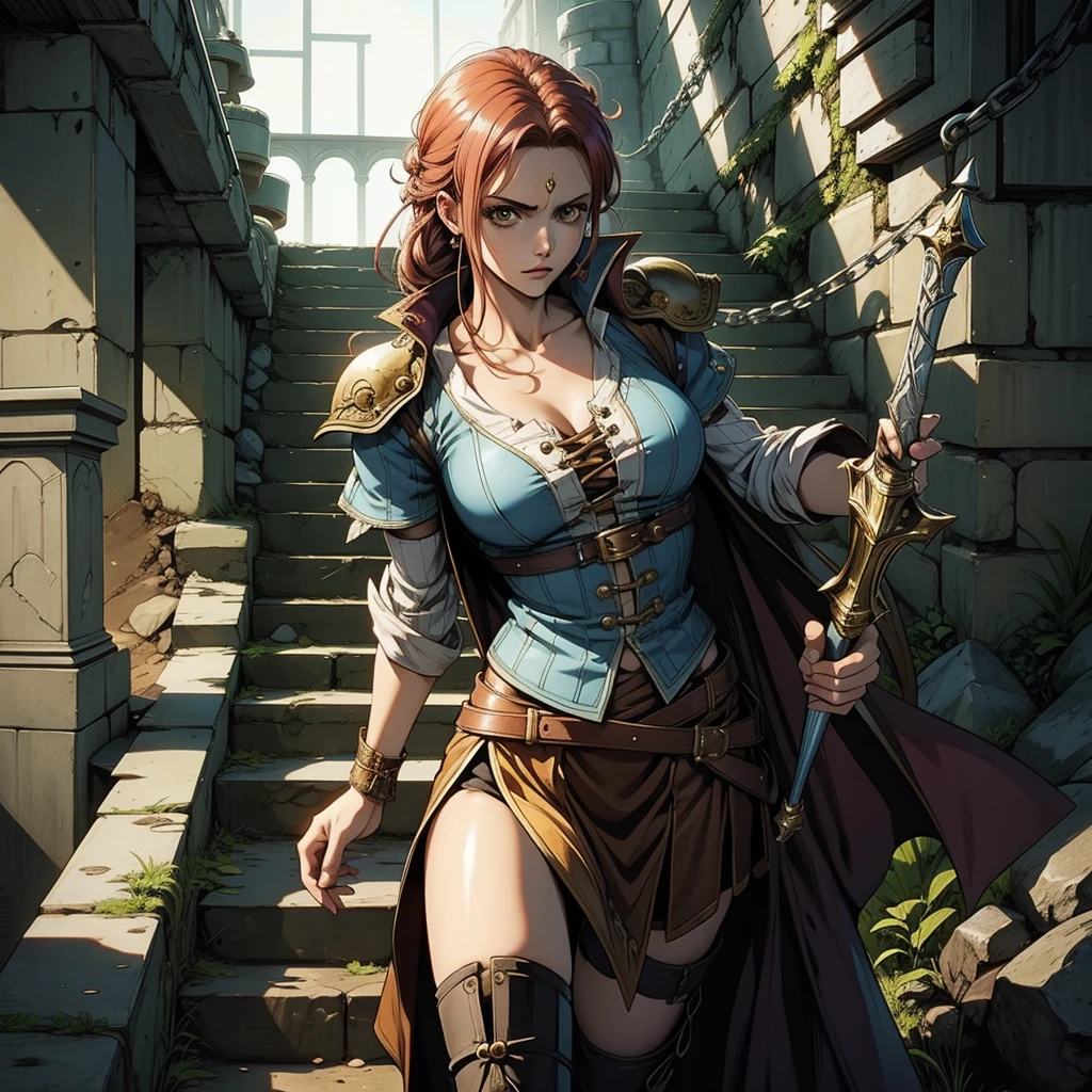 最high quality、high quality、one piece、Girl Adventurer、Climb the stairs of the underground dungeon、Equipped with a dagger and a leather shield、dim