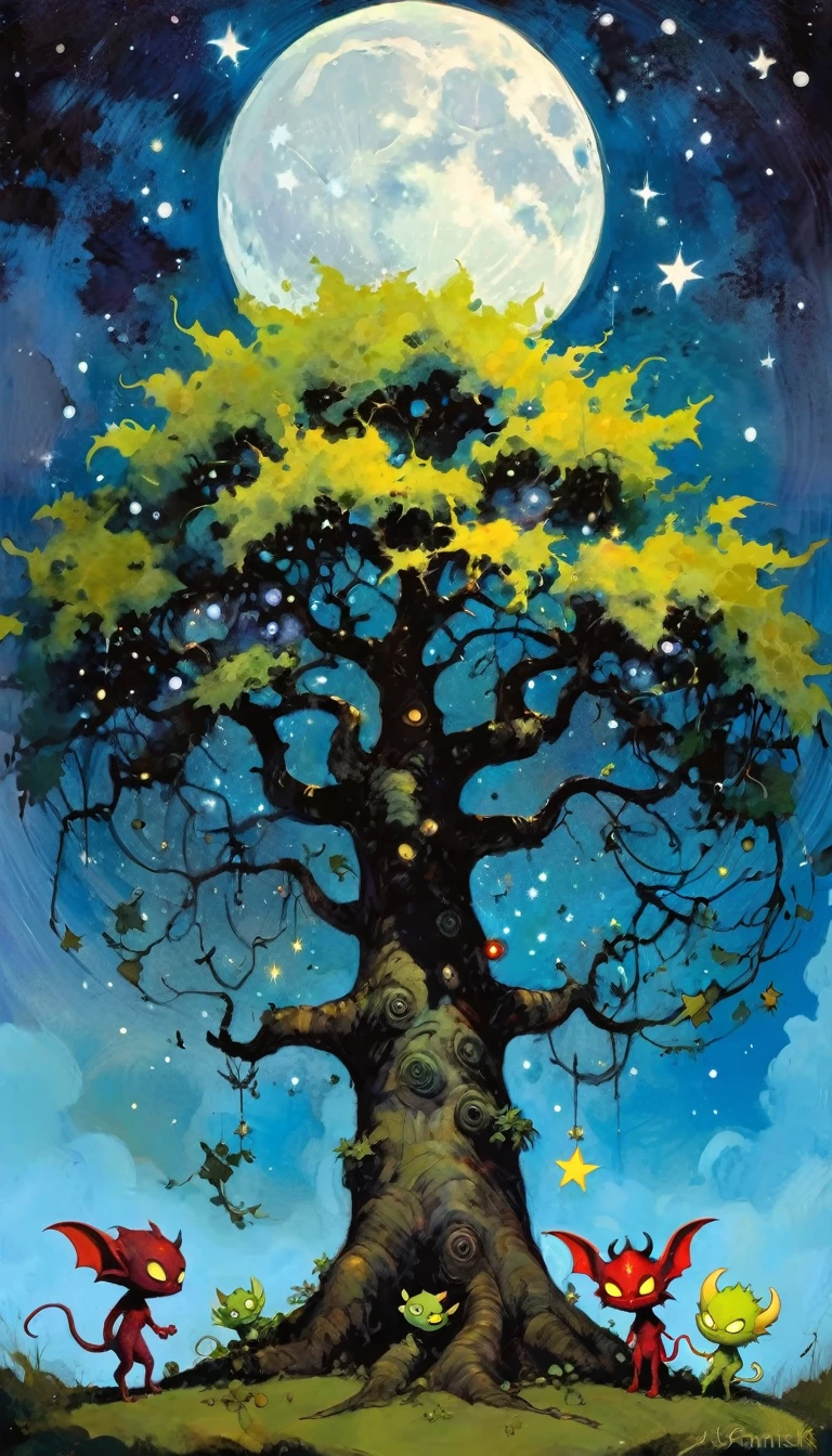 large very leafy tree that climbs to the heavens, impressive landscape, small and fun demons inhabit the tree, fantastic, , magic, fantastic, night sky, moon, stars, background, cute, adorable,(demons have fun, play and fight) (art inspired by Skottie Young and Bill Sienkiewicz). oil painting)