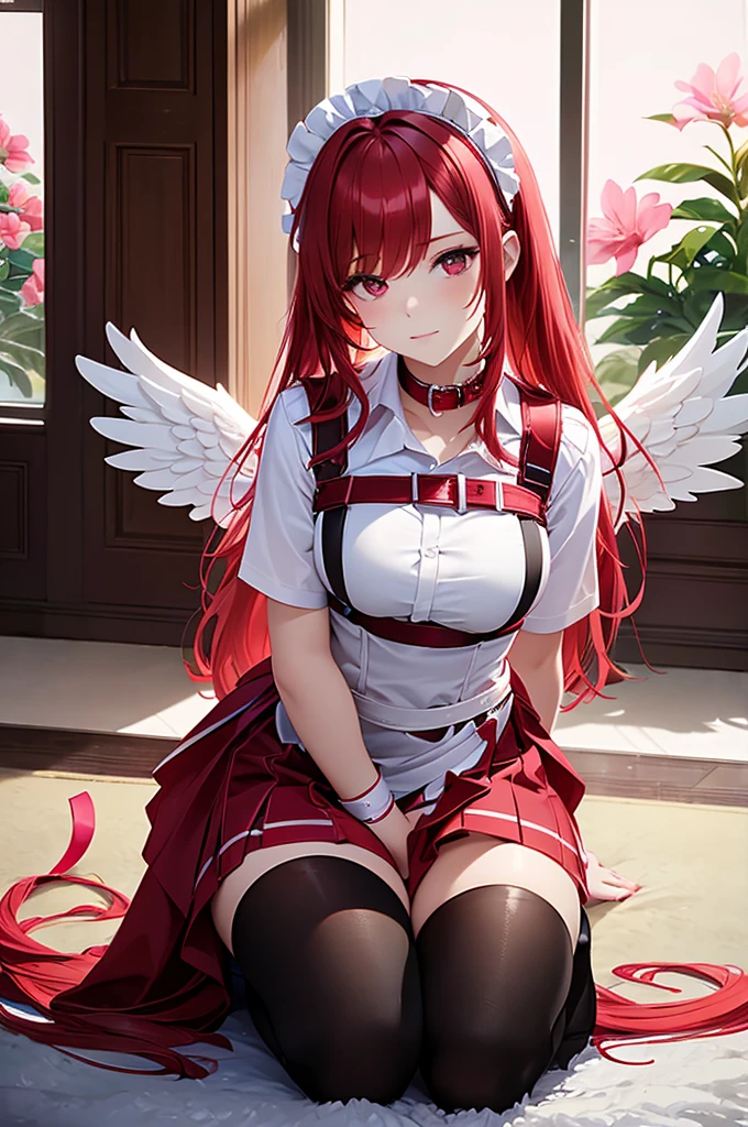 A submissive red-haired kneeling maid angel serving dutifully her master, subtly lifting her skirt, wearing a pink collar around her neck with a leash