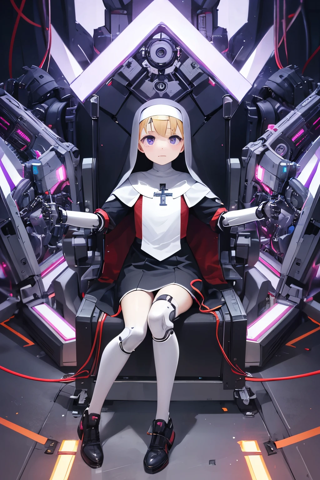 girl ,girl 12 year old , mechanical face , futuristic nun dress ,flat chest ,long brown hair frinje ,( body), mechanic-headband, purple leds ,purple light auréola, quality, 8k ,nun uniform , Cyborg arms. Mechanical Limbs Metal, Mechanical legs .Power cablles conected in machine. Circuitos , praying.