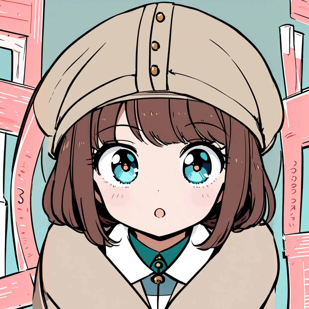 Brown haired girl with blue eyes, wearing a brown Soviet jacket