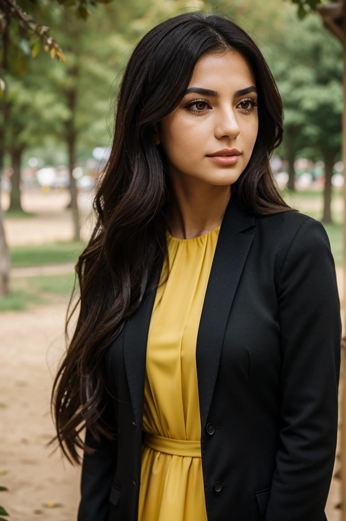 A woman of turkish appearance,25 years,detailed facial features,(Black eyes color:1.3),turkish eyes shape, Angular eyebrows,Full upper lip, thin lower lip,turkish jawline,(Wavy hair),Deep blue hair, mustard yellow color Dress clothes,(Modest),Silhouette Composition,posing in Picnic area,blurred background,dim lighting,RAW photo,8K UHD,high quality,film grain,Leica SL2 - Leica APO,(realistic foto:1.2)
