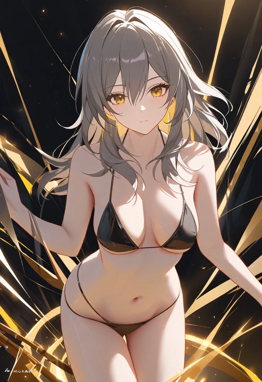 1girl, stelle \(honkai: star rail\), honkai: star rail, by novelance, by [artist novelance], [artist novelance], solo, expressionless, tsurime, simple background, cinematic angle, looking at viewer, string bikini, alternate costume, 