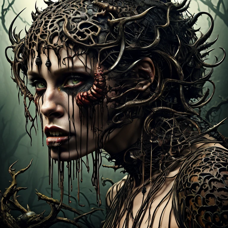 ((best quality image)), ((horror fantasy masterpiece)), (hyper detailed),alluring features((best quality dramatic lighting)), ((shockingly morbid masterpeice )) imagen:
A man dances with beautiful woman, visible inner biology, intestinal writhing,vividly detailed,slick texured, wet,slimy, extending out of body, and anotomicly modeled open cranial, visable inner demons, atached to inside surfaces, malignant, deseased, orbital glow, behind eyes,striking facial features, jarring expression, grotesquely beutiful image, stark, demonic possesion,beneath skin raising, ornately composed miniature entities bulging to surface, phobia, Nightmare inducing, gorey, Graphic,stunning hellscape, extreme, shockingly morbid imagry(high resolution))(HD)(( masterclass Horror) Brom+Rockwell+Paul Booth+Wes Borland+karol Bak Style art collaboration+DJ Tambe style color pops,and obscure concept style, sadistic Artistry, intriquet, hyper detailed, hyperstylized, hyper reality, bodyhorror