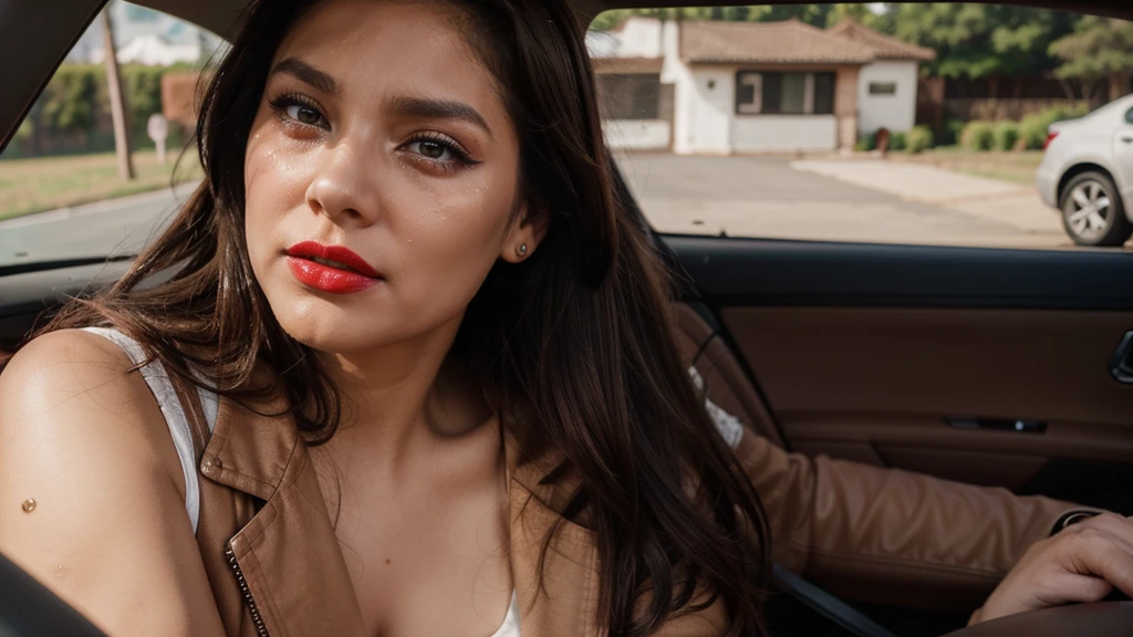  She is looking straight ahead and tears are crying on her face realista, she has red lipstick on, do her now in a car crying and makeup smeared
