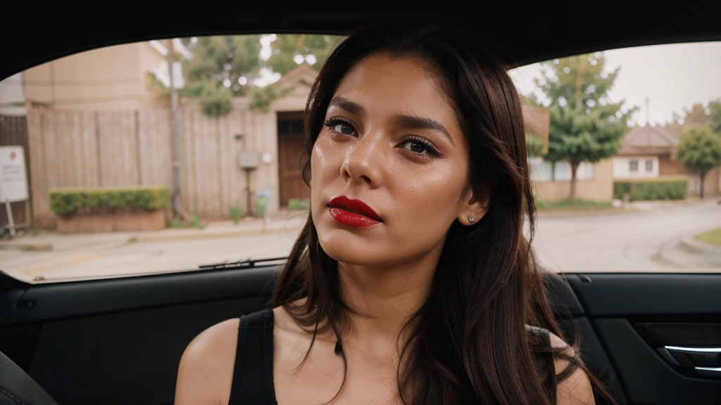  She is looking straight ahead and tears are crying on her face realista, she has red lipstick on, do her now in a car crying and makeup smeared